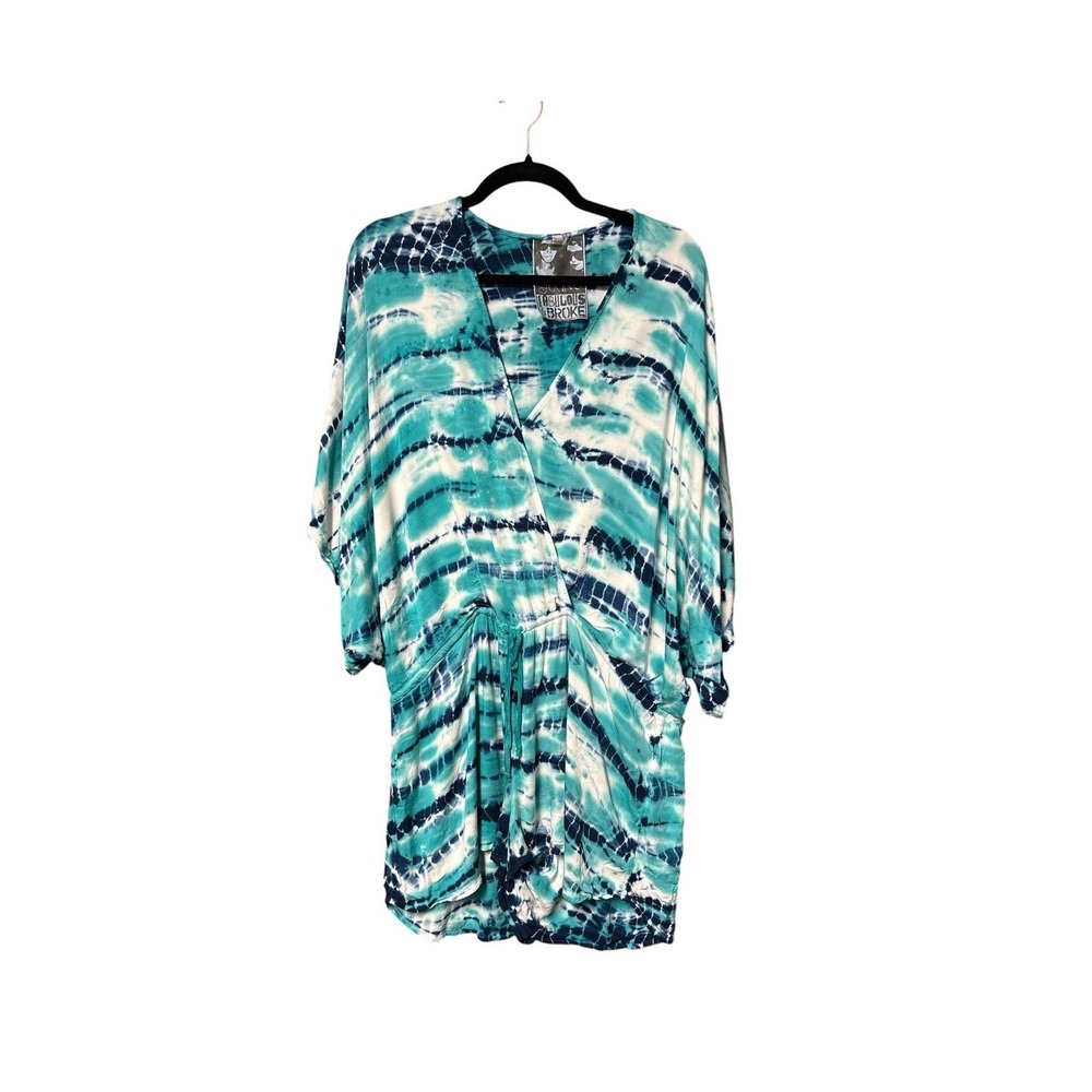 Young Fabulous & Broke Tie Dye Romper Teal Navy Blue White Surplice Size L